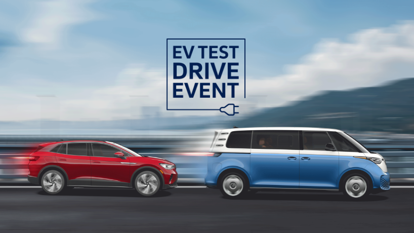 EV Test Drive Event logo with a red Volkswagen ID.4 car and a blue Volkswagen ID. Buzz card driving down the road in the background